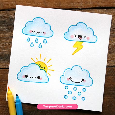 How to draw kawaii clouds step-by-step tutorial with VIDEO