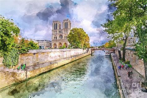 Digital Watercolor Painting in Paris, France.Seine River in Paris. Pastel by Augustin Lazaroiu