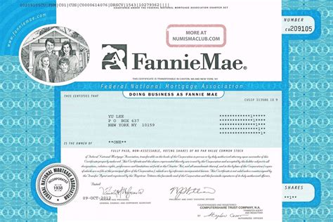 Usa Fannie Mae Stock Certificate Federal National Mortgage Association