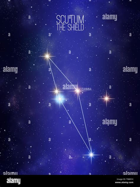 Scutum the shield constellation map on a starry space background. Stars relative sizes and color ...