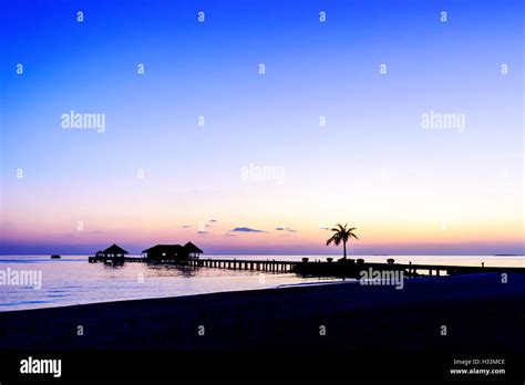 Island in ocean, Maldives. Sunset Stock Photo - Alamy