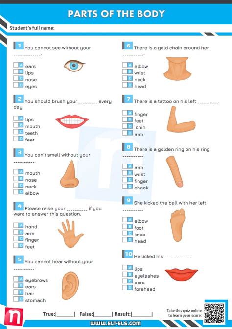 Parts of the Body Multiple Choice Quiz | www.elt-els.com