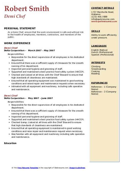 Demi Chef Resume Samples | QwikResume