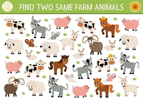 Premium Vector | Find two same farm animals on the farm matching activity for children rural ...