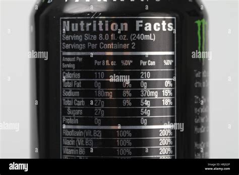 Nutrition Facts for Energy Drink Stock Photo - Alamy