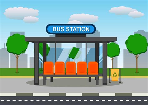 Bus Stop Station Vector Flat Design. Bus Stop With Cityscape In ...