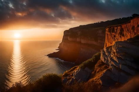 Premium AI Image | A sunset over a cliff with the ocean in the background