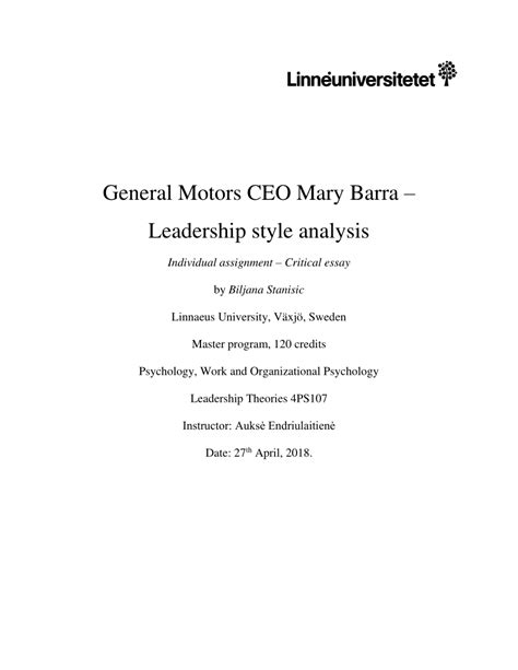 (PDF) General Motors CEO Mary Barra - Leadership style analysis ...