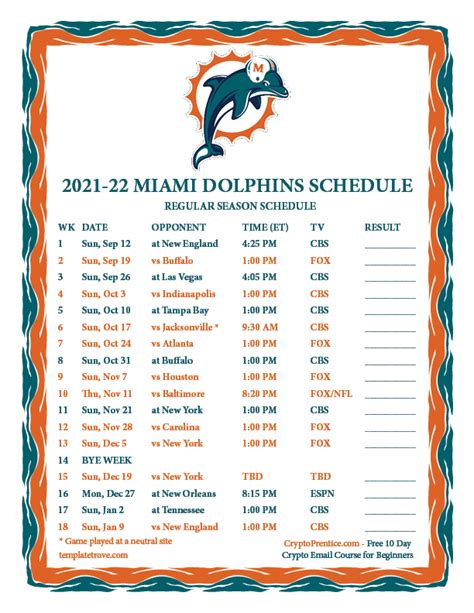 Printable 2021-2022 Miami Dolphins Schedule