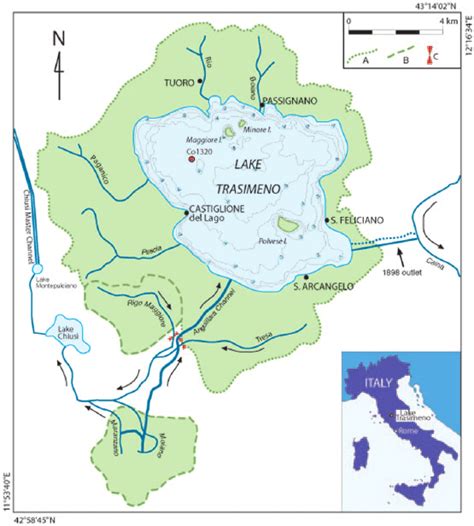 Map of Lake Trasimeno showing the location of core Co1320. Legend: A ...