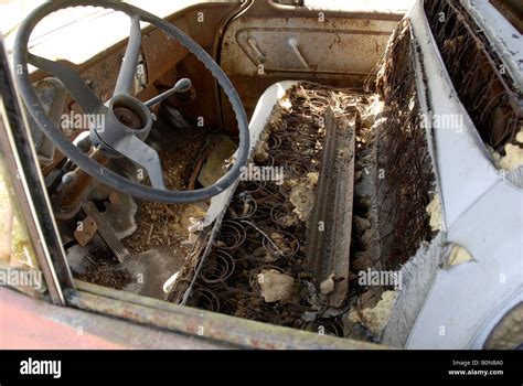 Interior of 1958 Chevrolet Apache 31 classic pickup truck rusting away in a field Stock Photo ...