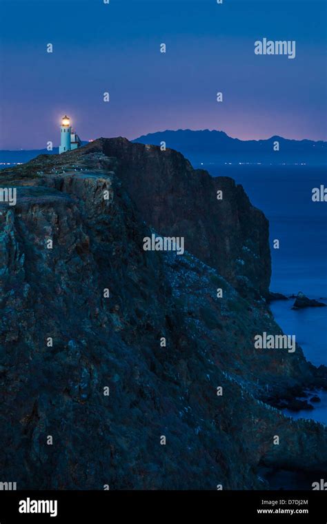 Anacapa Island Lighthouse at deep twilight on East Anacapa in Channel ...