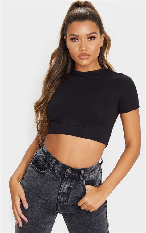 Black Basic Cotton Cropped T Shirt | Tops | PrettyLittleThing