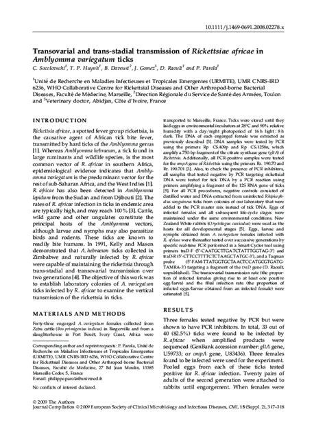 (PDF) Transovarial and trans-stadial transmission of Rickettsiae africae in Amblyomma variegatum ...