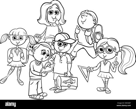 Black and White Cartoon Illustration of Elementary School Students or Pupils Characters Group ...