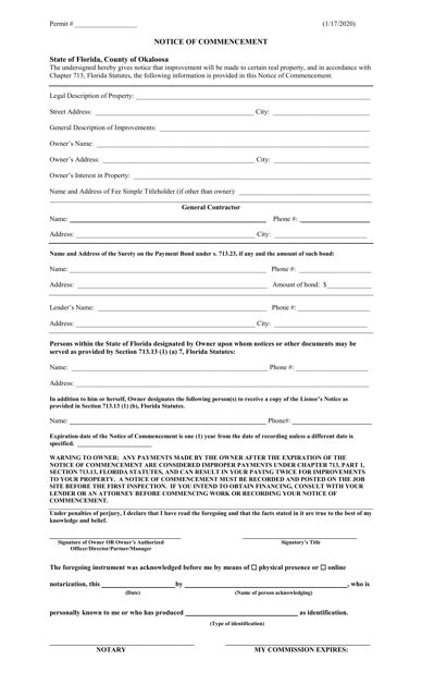 Okaloosa County, Florida Notice of Commencement - Fill Out, Sign Online and Download PDF ...