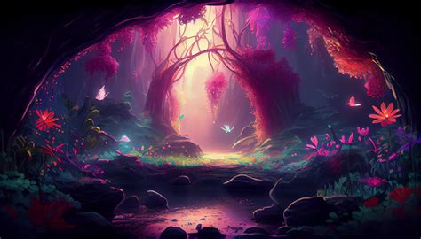 Magic Forest Beauty Nature Flowers Plants Trees Neon Lights Colorful ...