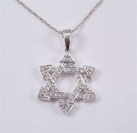 Diamond Star of David Pendant Necklace 14K White Gold 17 Chain Jewish Religious Charm