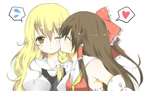 1920x1080px, 1080P free download | Morning kiss, hakurei reimu, blush, two girls, bows, kiss ...