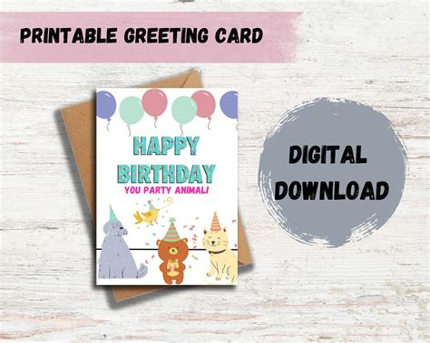 Cute Animal Printable Birthday Card, Happy Birthday Printable, Digital ...