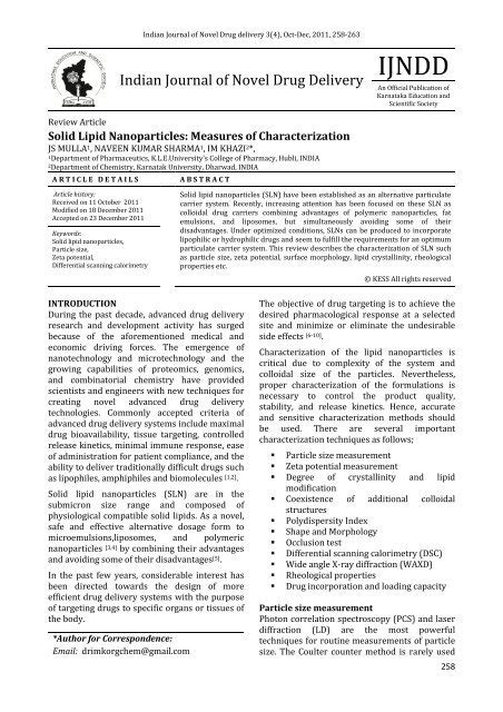 Solid Lipid Nanoparticles: Measures of Characterization