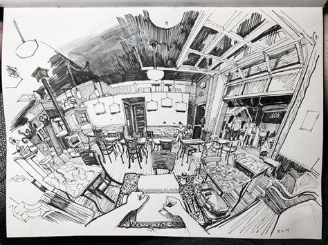 Perspective Drawings Reveal Artist's Position within Different Rooms