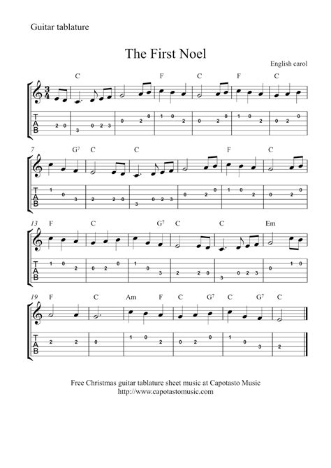 Easy Sheet Music For Beginners: Free Christmas guitar tablature sheet music - The First Noel