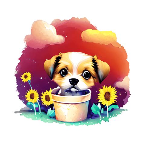 Cute Puppy with Sunflowers in a Bucket · Creative Fabrica