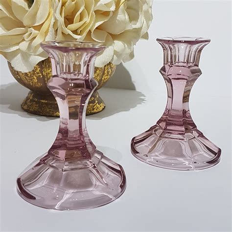 Pair of Vintage Pink Glass Candlestick Holders, Pink Glass Tapered Candle Holder