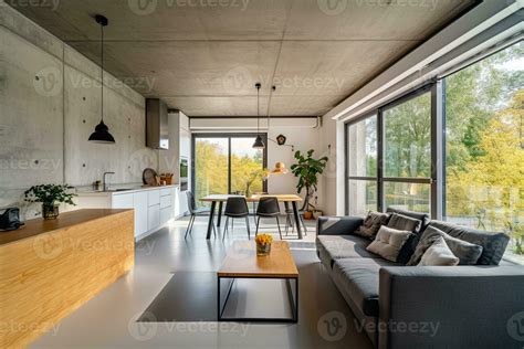 interior of modern bright living room with concrete walls, concrete ...