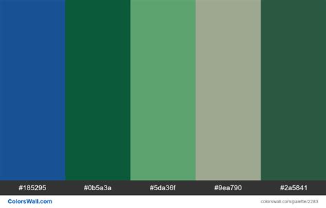 Peacock colors scheme. HEX colors #185295, #0b5a3a, #5da36f, #9ea790 ...