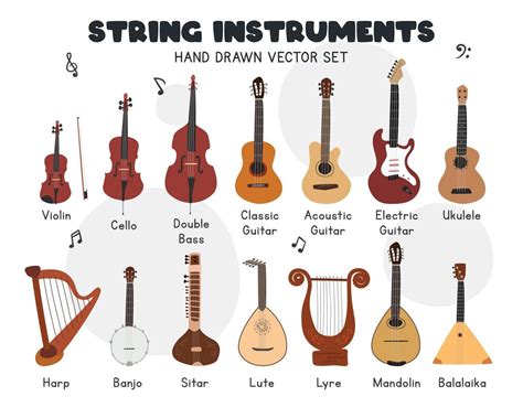 String instruments vector set. Simple cute violin, cello, double bass, classic, acoustic guitar ...