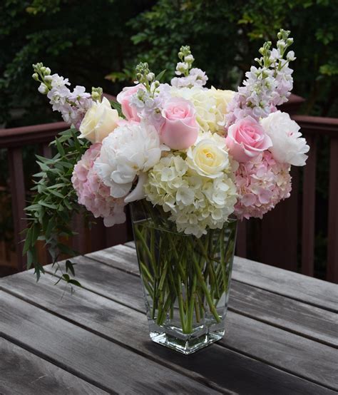 Tall flower arrangement for Mother's Day - with hydrangeas, peonies, stock, roses, | Flower ...