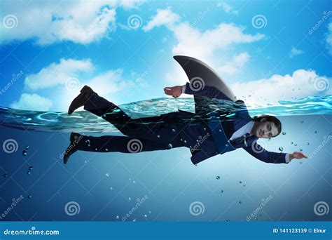 The Businessman with Shark Fin Swimming in Water Stock Image - Image of competitor, failure ...