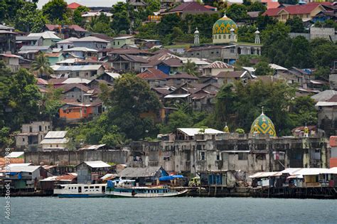 Ambon City, Ambon Island, Indonesia. Ambon is the main city and seaport of Ambon Island, and is ...