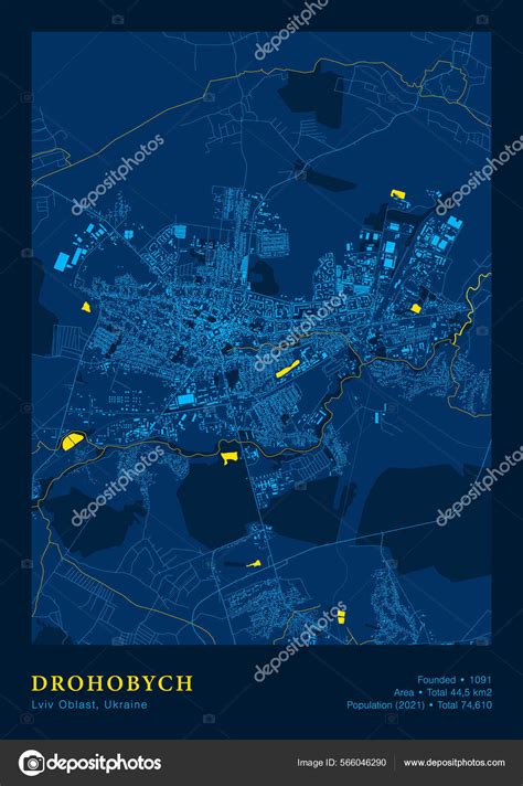 Drohobych Map Vector Poster High Detailed Map In National Yellow Blue ...