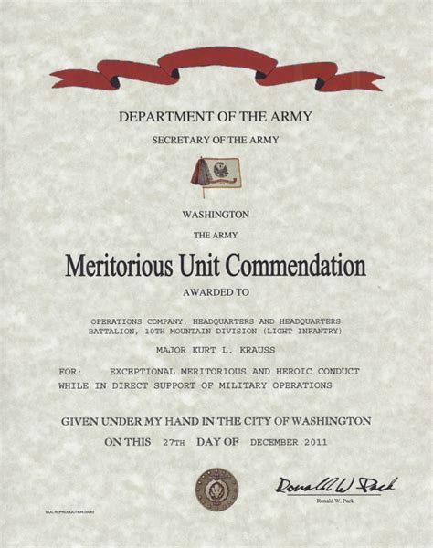 Army Meritorious Unit Commendation Certificate