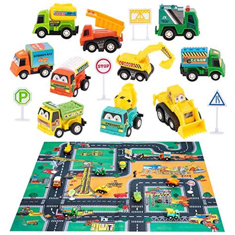 Construction Truck Toys with Play Mat, 10 Construction Vehicles, 4 Road ...