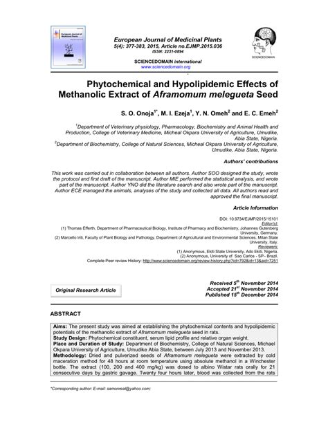 (PDF) Phytochemical and Hypolipidemic Effects of Methanolic Extract of Aframomum melegueta Seed