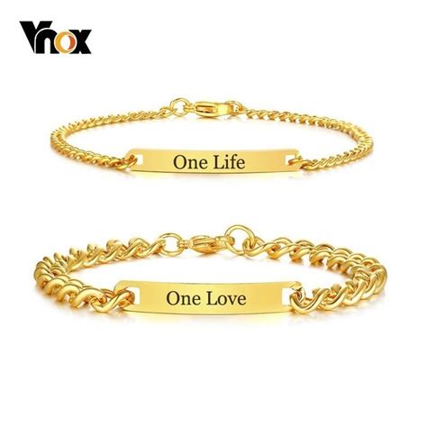 Gold Tone ID Tag Bracelet for Women Man Custom Free Engraving Name Love Date Stainless Steel ...