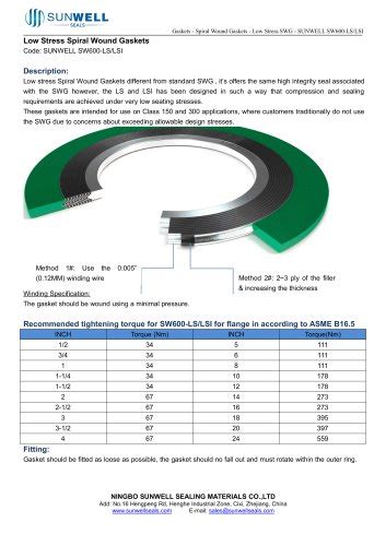 Low Stress Spiral Wound Gaskets - Ningbo Sunwell Sealing Materials Co., Ltd - PDF Catalogs ...