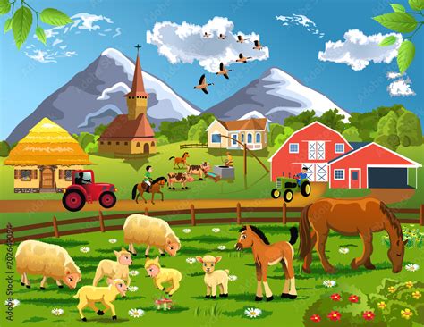 Cartoon illustration of countryside with village, farm animals grazing ...