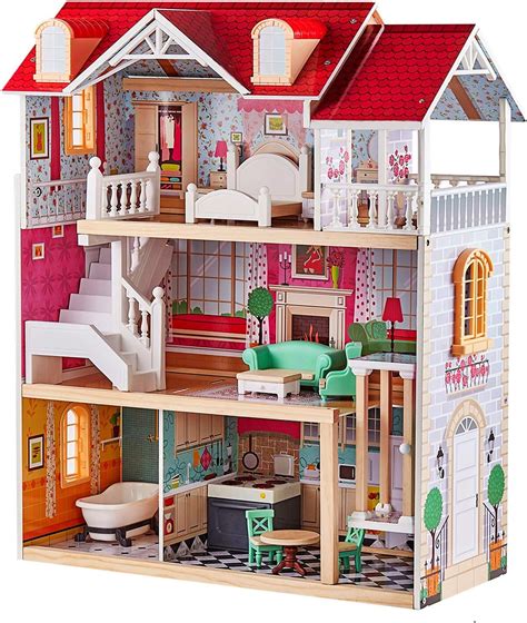 TOP BRIGHT Wooden Dolls House for Girls, Large Dollhouse Toy for Kids with Furniture and ...