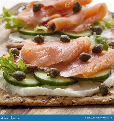 Smoked Salmon Crackers stock image. Image of board, green - 28852059