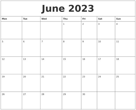 June 2023 Calendar Monthly