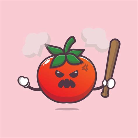 cute angry tomato cartoon mascot character holding baseball stick 6411407 Vector Art at Vecteezy
