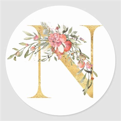 Valentine's Day Gift | Gold MONOGRAM letter N with flower Classic Round Sticker | Monogram ...