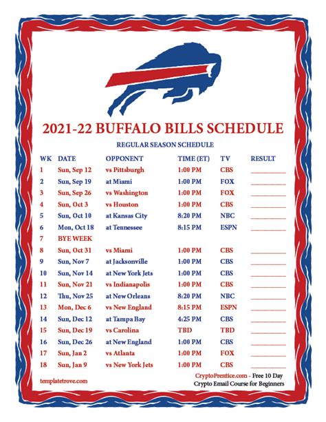 Printable 2021-2022 Buffalo Bills Schedule