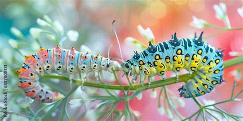 Two stages of Papilio machaon life cycle, with a caterpillar and a chrysalis on fennel plants ...