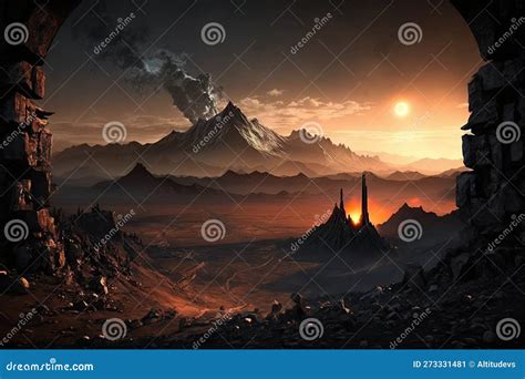 Mordor Land, with View of Fiery Volcano in the Distance Stock Illustration - Illustration of ...